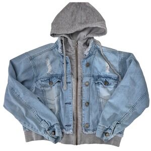 Dollhouse Jean Jacket Juniors Medium Blue Hooded Distressed Cropped Full zip‎